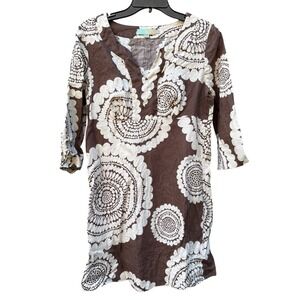 Boden Women's Brown 100% Linen Medallion Print Shift‎ Dress Size 8 3/4 Sleeve